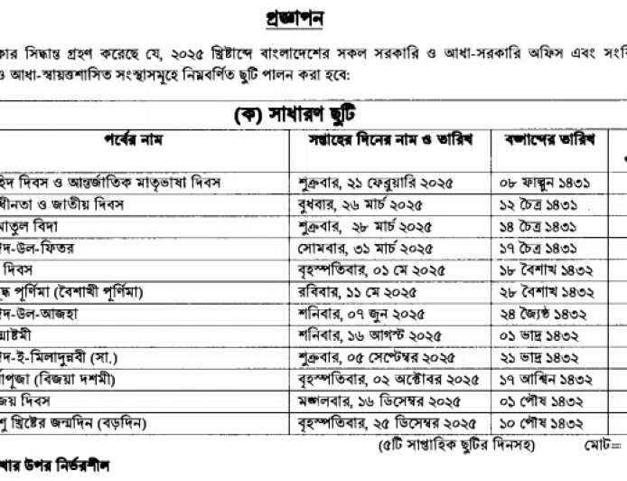 ২০২৫ খ্রিষ্টাব্দের ছুটির তালিকার প্রজ্ঞাপন
